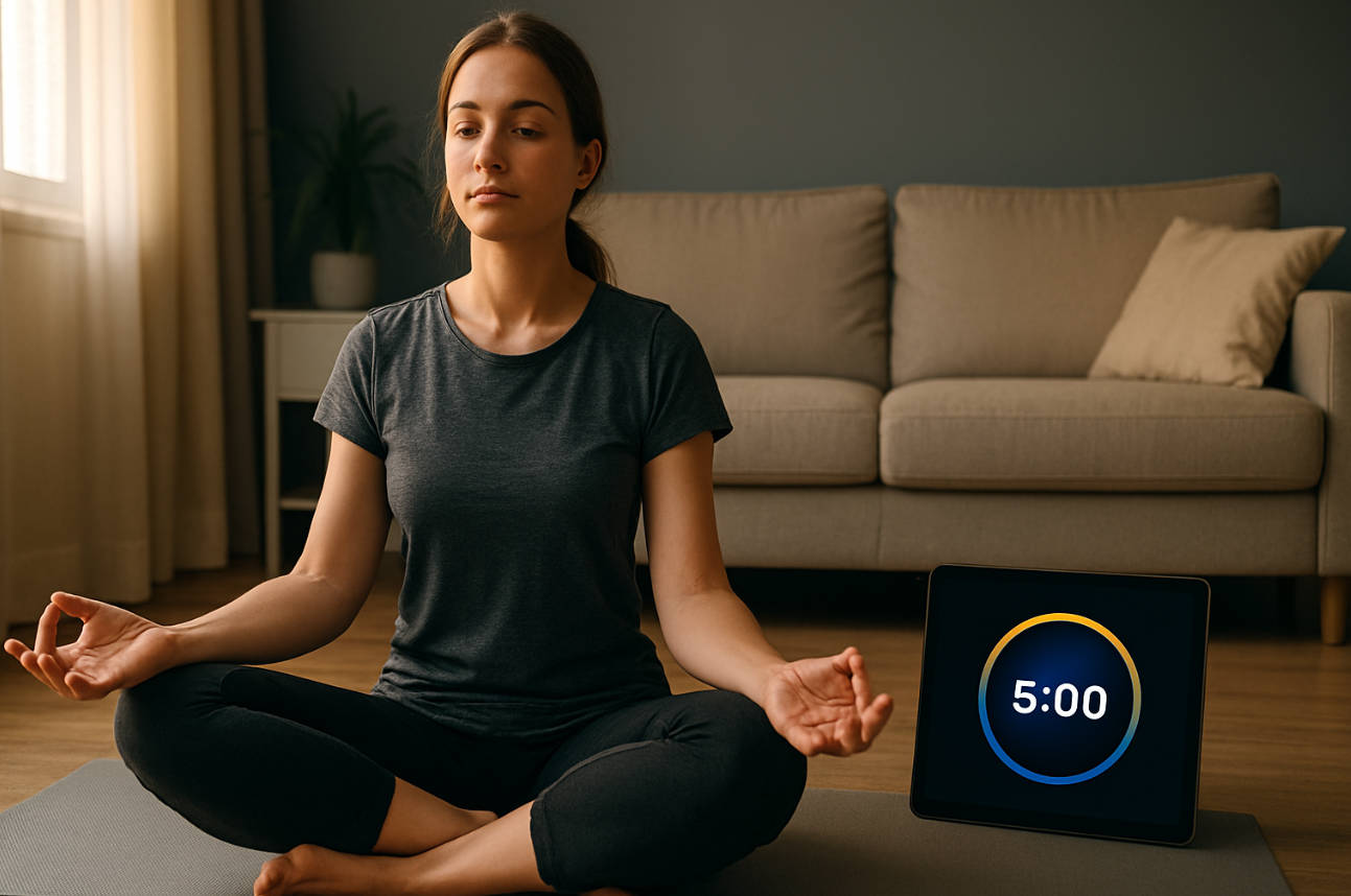 Person meditating with 5 minute timer